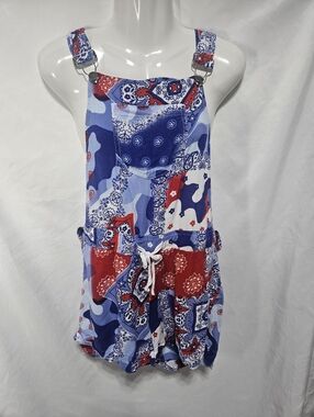 Full Circle Trends Patchwork Bandana Romper Overalls Red Blue Boho Festival USA